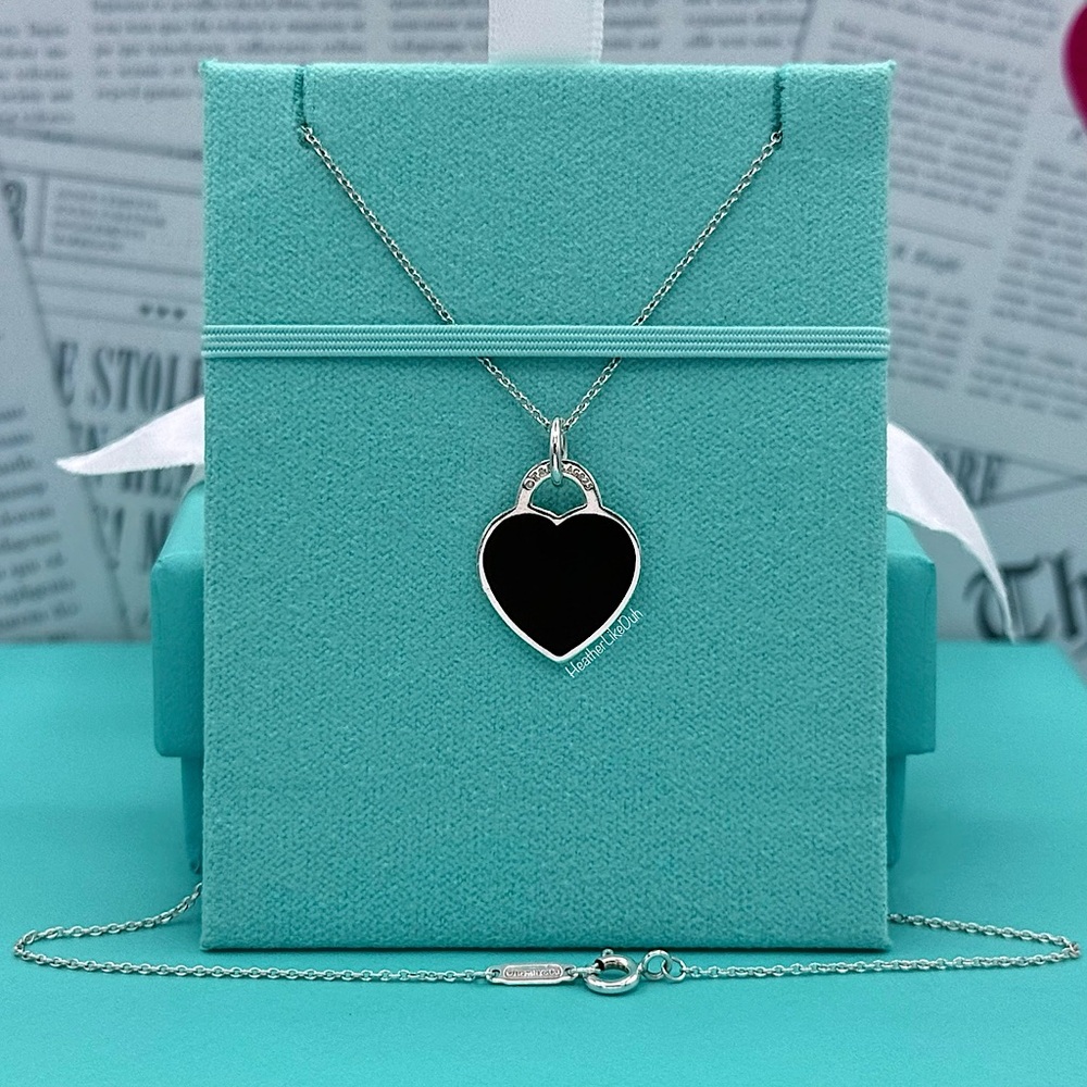 SOLD Return to Tiffany & Co BLACK Enamel Heart Tag Charm Pendant 16” Necklace 🖤